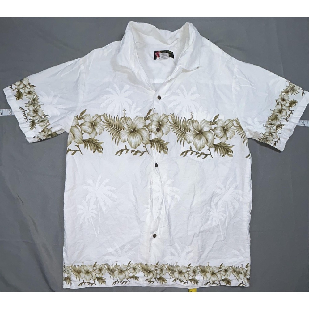 Alii Fashions Shirt Mens XL White Floral Cotton Short Sleeve Hawaiian Button Up